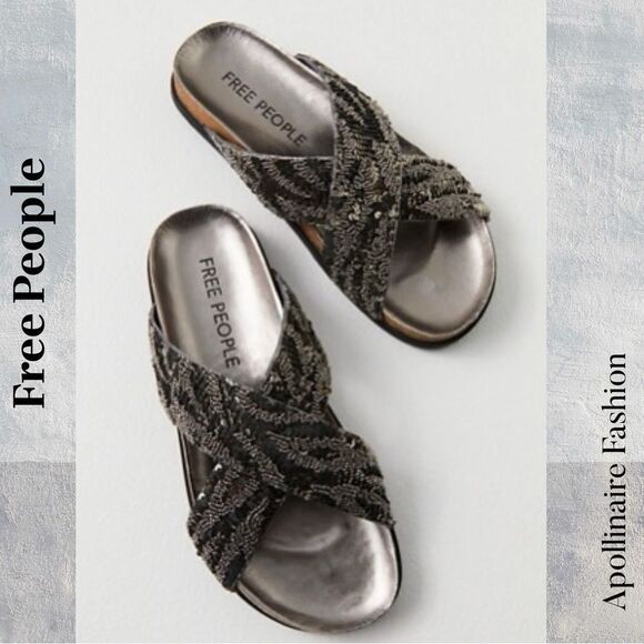 Free People Moonchild Embellished Women's Black and Silver Sandals Size 38.5 New - Picture 1 of 5